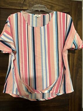 Umgee Pink Multi-Stripe Short Sleeve Tee with Navy & Cream Accents